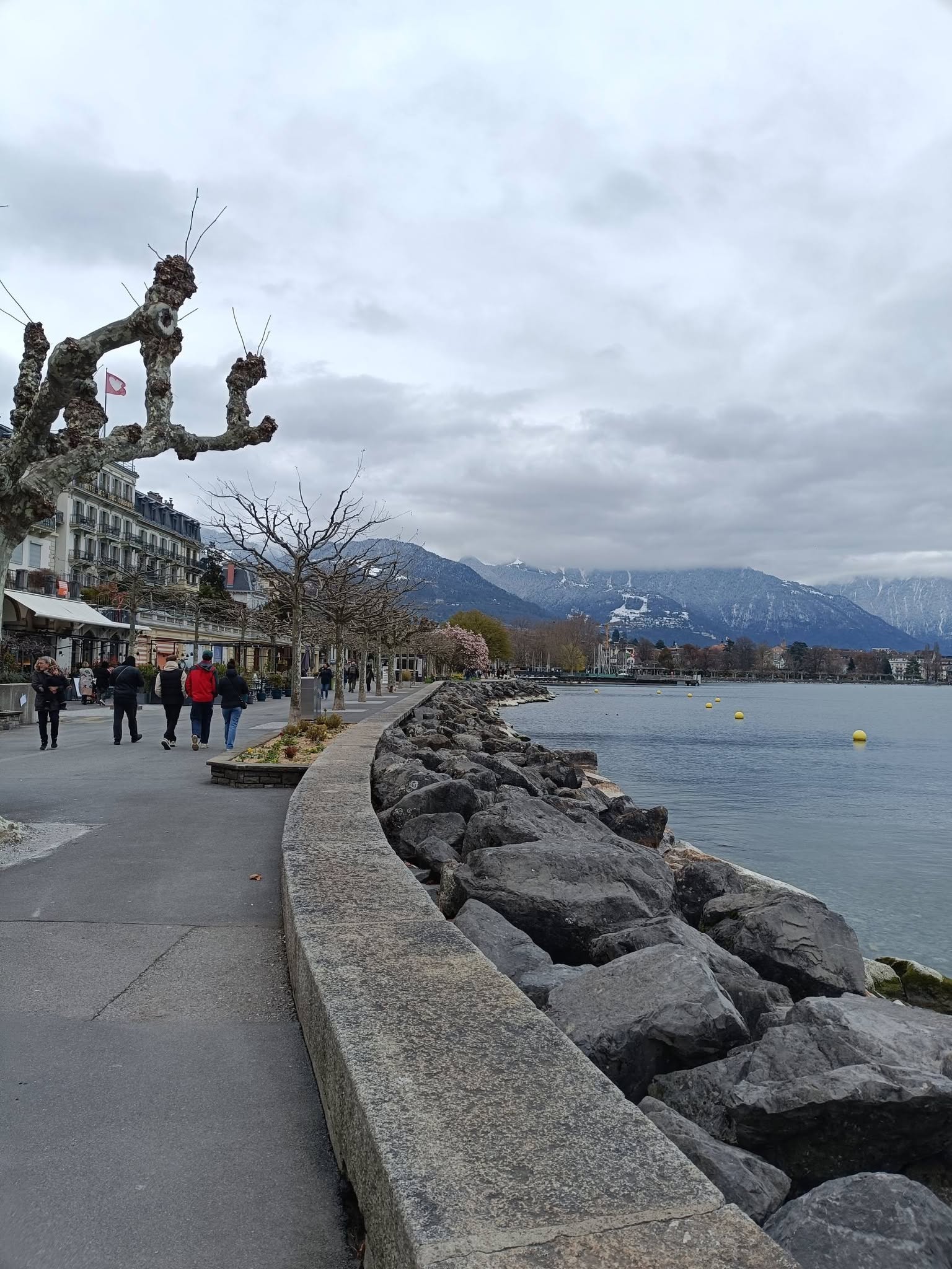 Une promenade au bord d’un lac, sous un ciel nuageux, face aux montagnes.